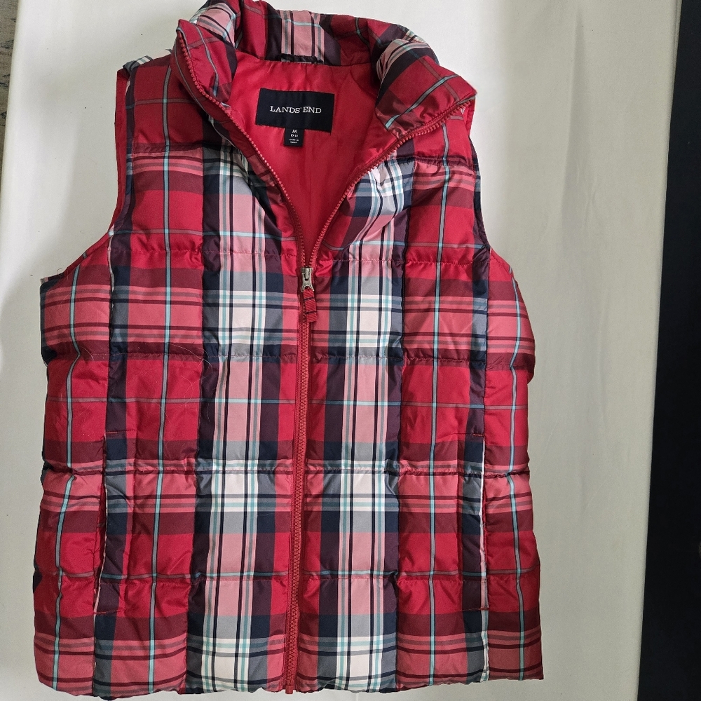 Lands' End Womens Adult Red Plaid Puffer Vest Size Medium Sleeveless Full Zip